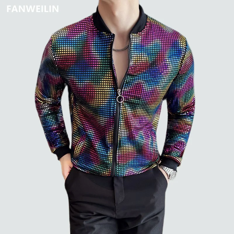 

Y2K Men's Streetwear Night Club Stage Thin Motorcycle Jackets Man Hip Hop Sequined Bombers Jacket Coat Designer Clothes Techwear
