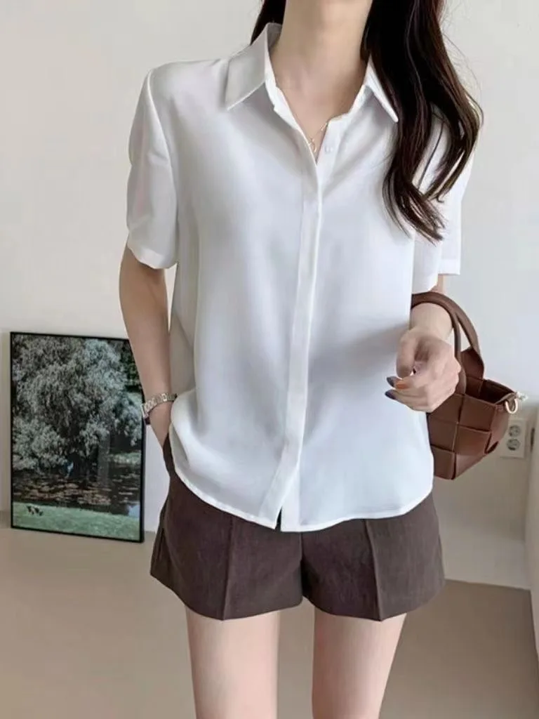 Summer Commute Style Women's Short Sleeve Shirt Cool Feeling Collared Top Professional Maturity Front Desk Interview Shirt
