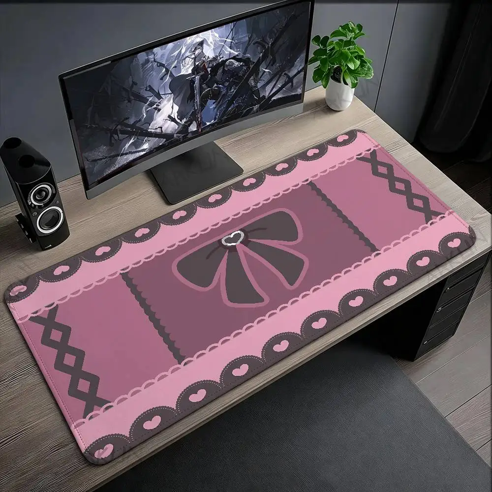 Sweet Lolita Bow Pattern Mouse Pad, Pink Dark Lace Heart Decor Desk Mat, Cute Gothic Girl Style Non‑Slip Pad Office Desktop