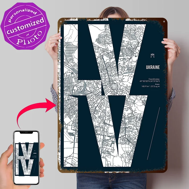 Lviv Ukraine Map Typography 3D Printed Texture Poster Personalized Wall Art Retro Metal Tin Signs for Office Decoration Gaming