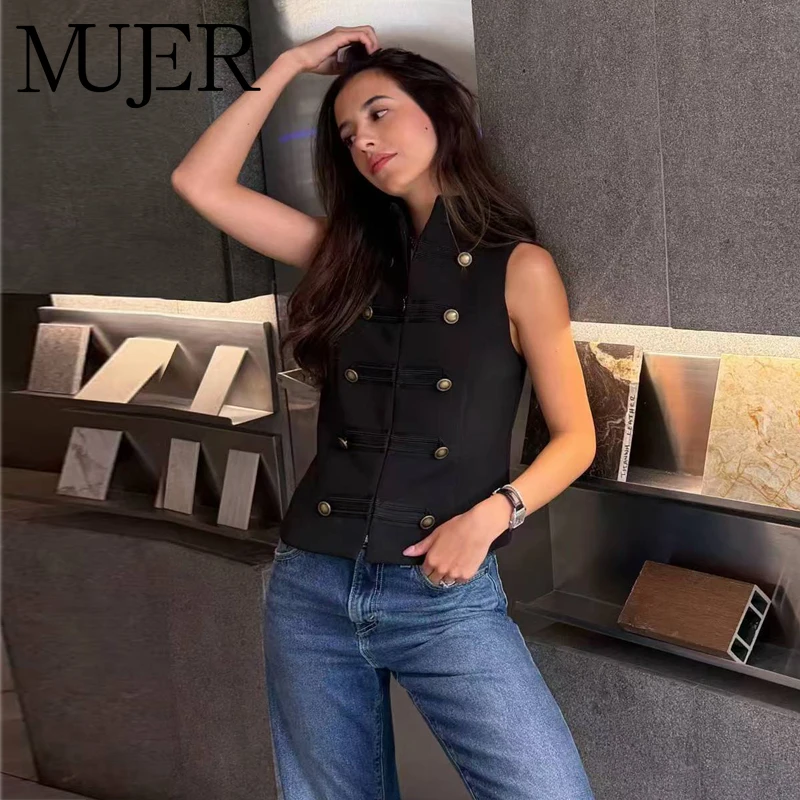 MUJER Knopfwesten für Damen, ärmellos, schwarz, Retro-Sommerweste, Top für Damen, hoher Halsausschnitt, maßgeschneiderte Weste für Damen, lässige Weste für Damen