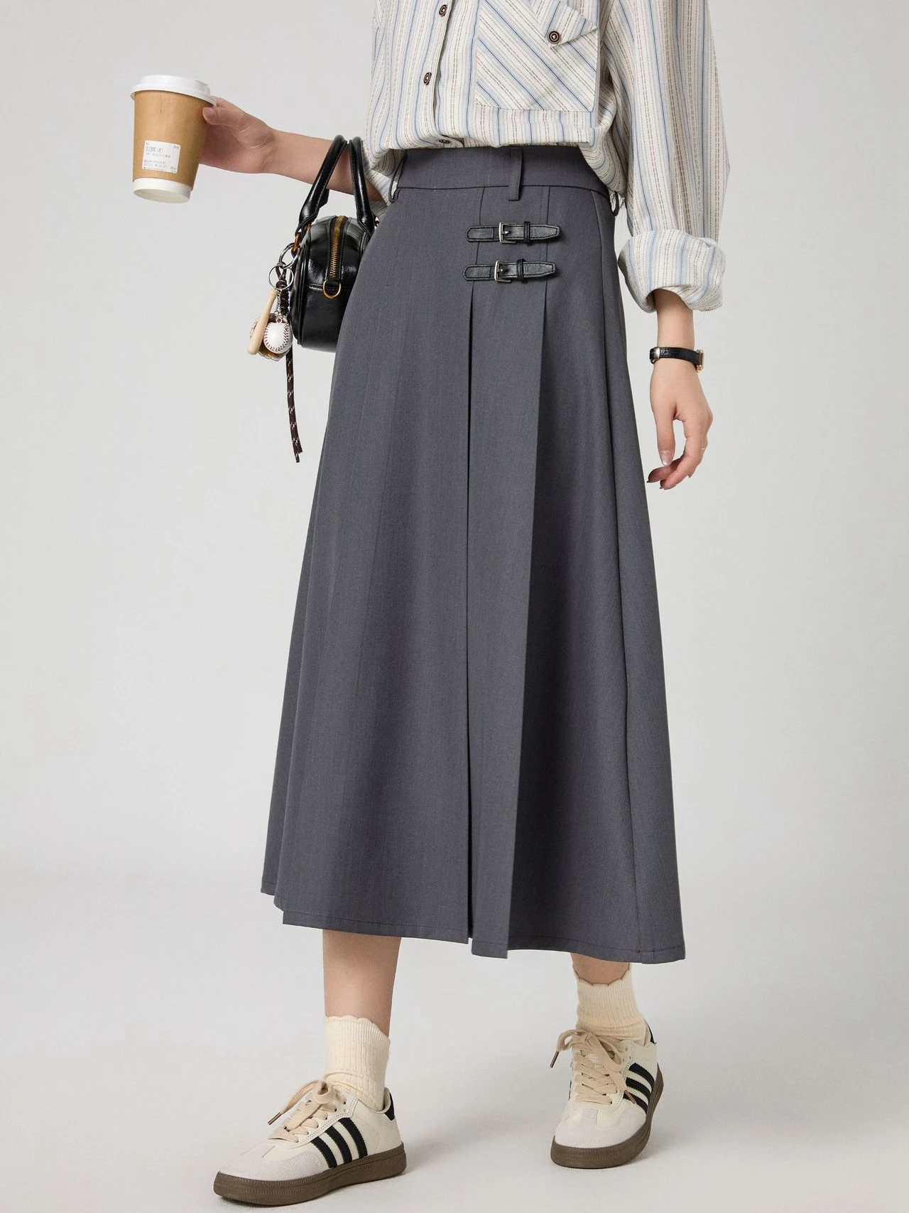 

High Waist A-Line Midi Skirt for Women Pleated Suit Sle No ket ey Color Commute Stand Fit Spring Season Pure Color