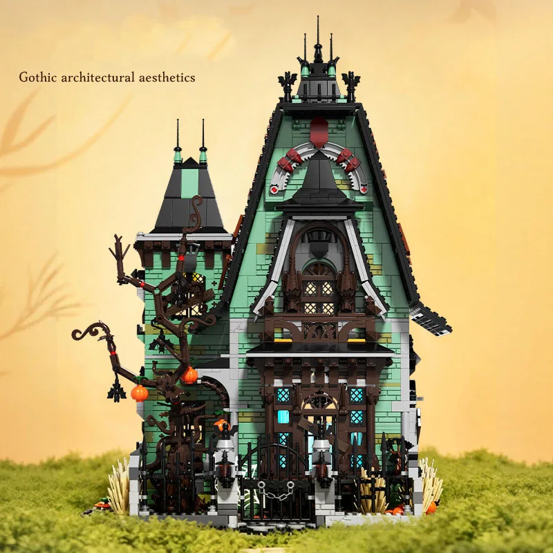 Creative Halloween City Street View Gothic Architecture Block Haunted House Assembly Build Brick Streetscape Toy With Light