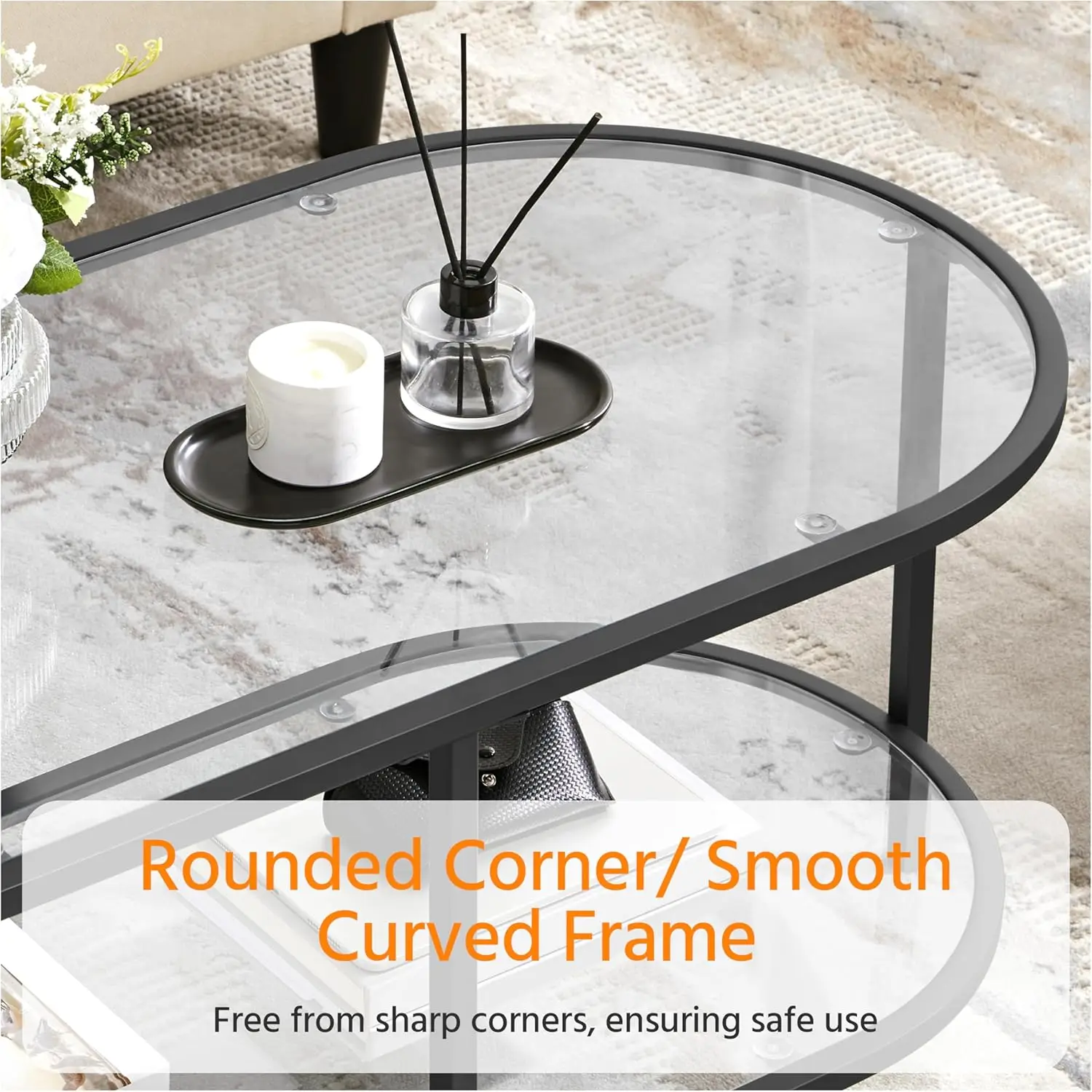 Glass Coffee Table Black Small Coffee Table for Living Room 2-Tier Modern Center Tea Table with Storage Shelf for Small Space