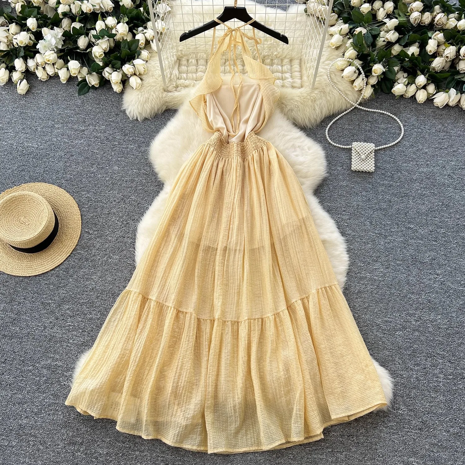 Light Yellow Backless Elegant Dress Women Ruffles Sleeveless Lace-up Clothing Lady Summer Holiday Party Birthday Vestido Bodycon