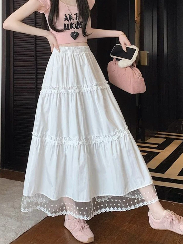 Jmprs Lace White Long Skirts Women Sweet High Waist Korean Skirt Fashion Loose Patchwork Female Elegant Casual Cute Cake Skirt