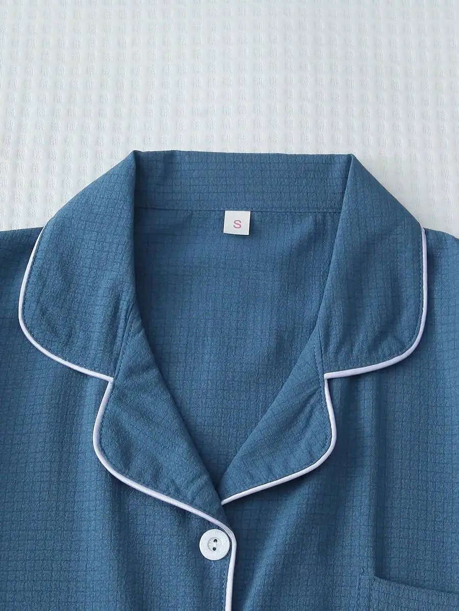 

Womens Short Sleeve Button Top Pajama Set With Contrast Piping Collar Light Blue Summer Loungewear