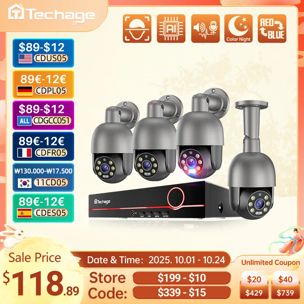 Techage UHD 8CH 4K PTZ POE Security Camera System 2K 5MP Color Night Vision CCTV Video Surveillance Protection Kit Human Detect