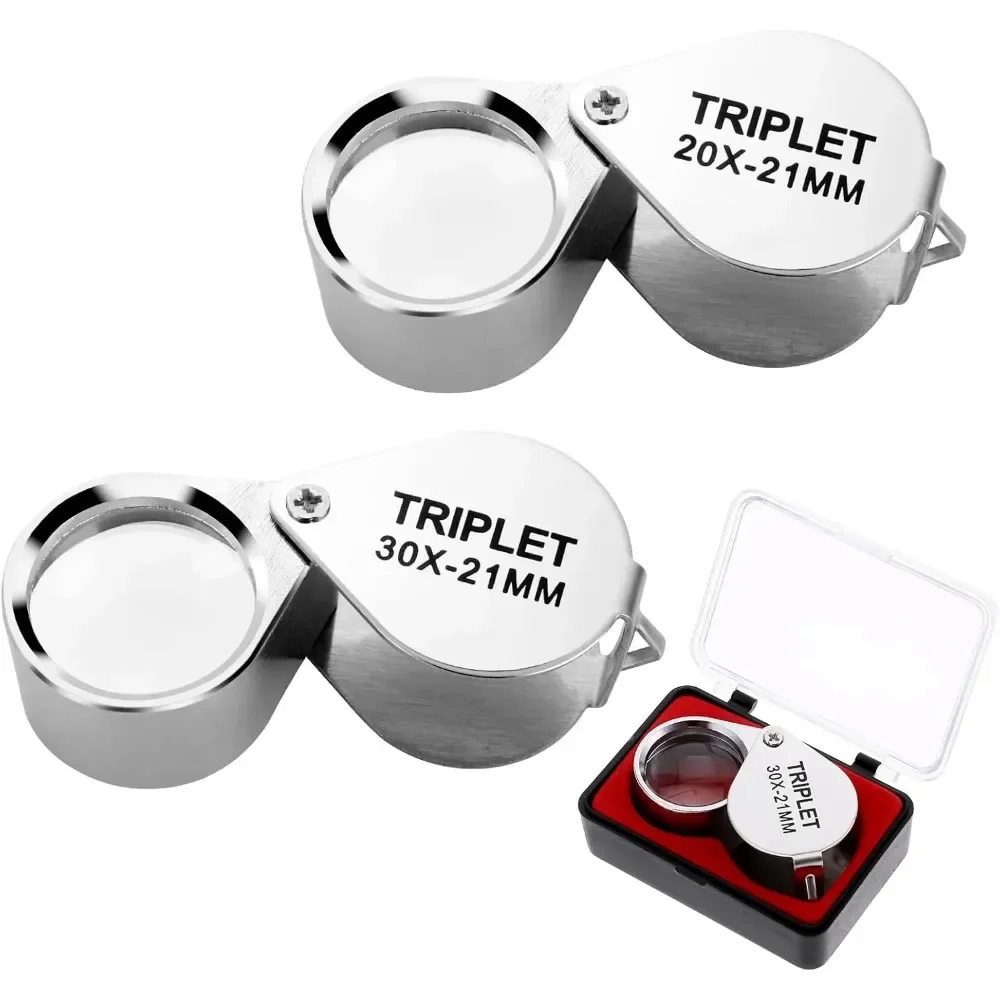 10X 20X 30X Triple Power Jewelers Loupe Set Folding Pocket Magnifying Glass for Gems Coins Watches Stainless Steel with Box