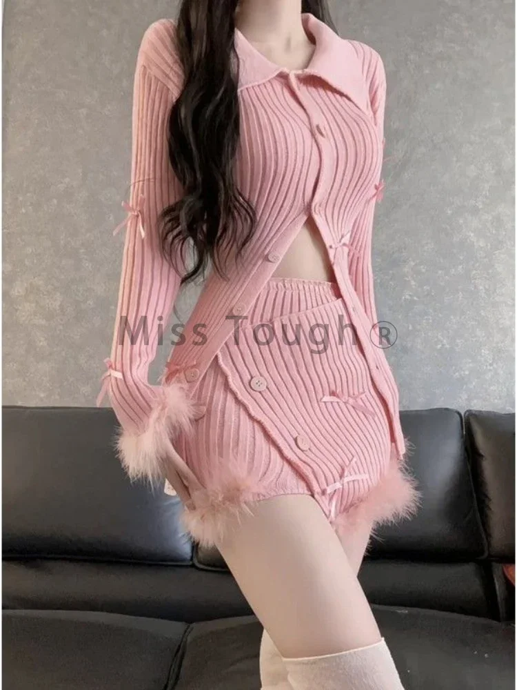 Winter Japanese Pink Kawaii Knit 2 Piece Set Women Patchwork Sweet Elelgant Mini Skirt Suit Female Korean Style Casual Suit 2023