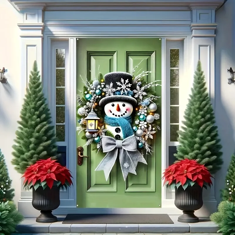 Winter Snowman Christmas Wreath Door Cover Decoration Hanging Door Banner Winter Cute Outdoor Snowman Backdrop Christ