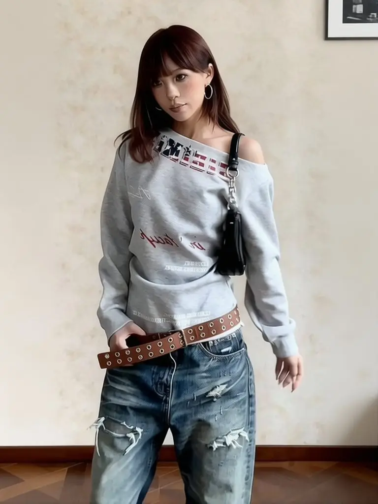 Y2k Vintage One Shoulder Sweatshirt Tops Women Gary Long Sleeve Graphic Hoodie Spring Fall Designer Print Off Shoulder