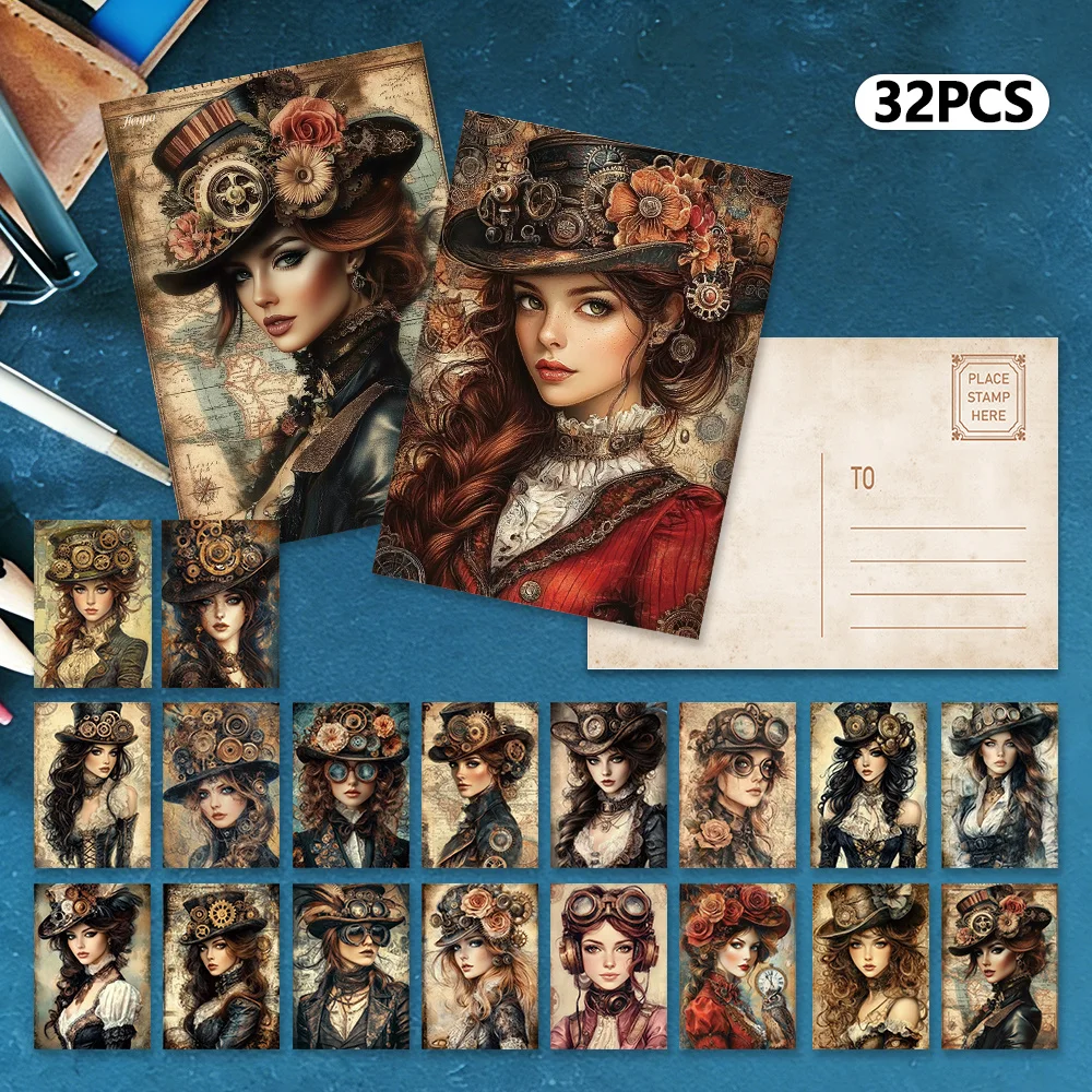 32pcs, Vintage Steampunk Women's Postcards, Birthday/Anniversary Gifts, Collectibles, Suitable for Gift Giving, Can be Mailed.
