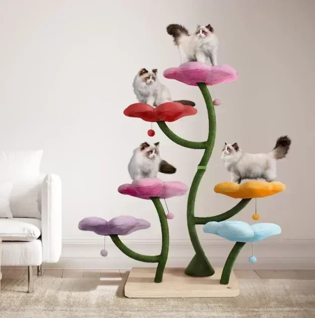 Colorful Wood Cat Tree Tower Climbing Flower Condo with Premium Plush and Sisal Posts Cat Furniture Interactive Toy