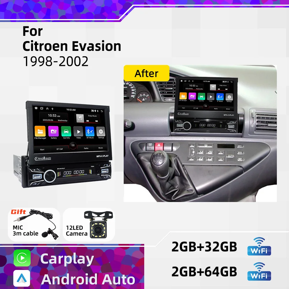 Autoradio Android pour Citroën Evasion 1998-2002 1 Din 7" Écran télescopique CarPlay Multimédia Autoradio Unité principale Radio GPS