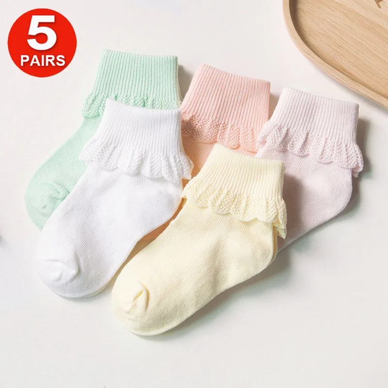 

5Pairs Baby Girls Sweet Lace Ruffle Frilly Princess Pure Cotton Ankle Socks Set Infant Newborn Kids School Party Socks Summer