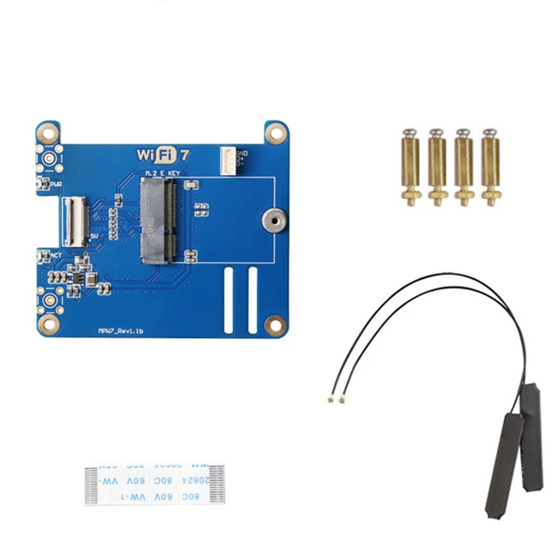 MPW7NA For Raspberry Pi 5 PCIE To M.2 E-Key Wifi7 Module+2 X Antenna BE200 Blue PCB Support Google TPU,Wif6e AX210,AX200 Adapter