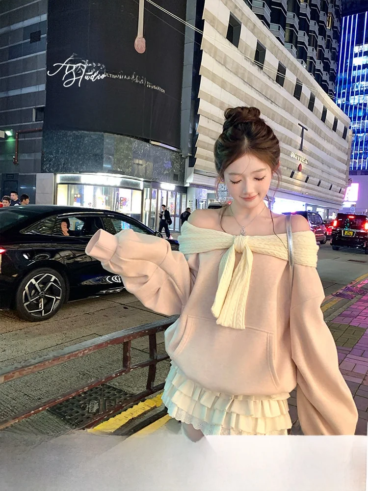 

Pink Fleece Lined Thickened Hoodie Women's Winter Loose Slimming Layered Top Korean Style Long Sleeve Crew Neck Sweatshirt