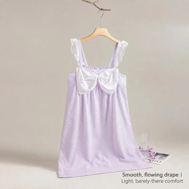 Nightdress Women Lilac Bow Flutter Straps Lightweight Sleeveless Summer Sleepwear Soft Comfy Lounge Nightgown Breathable Cozy 2