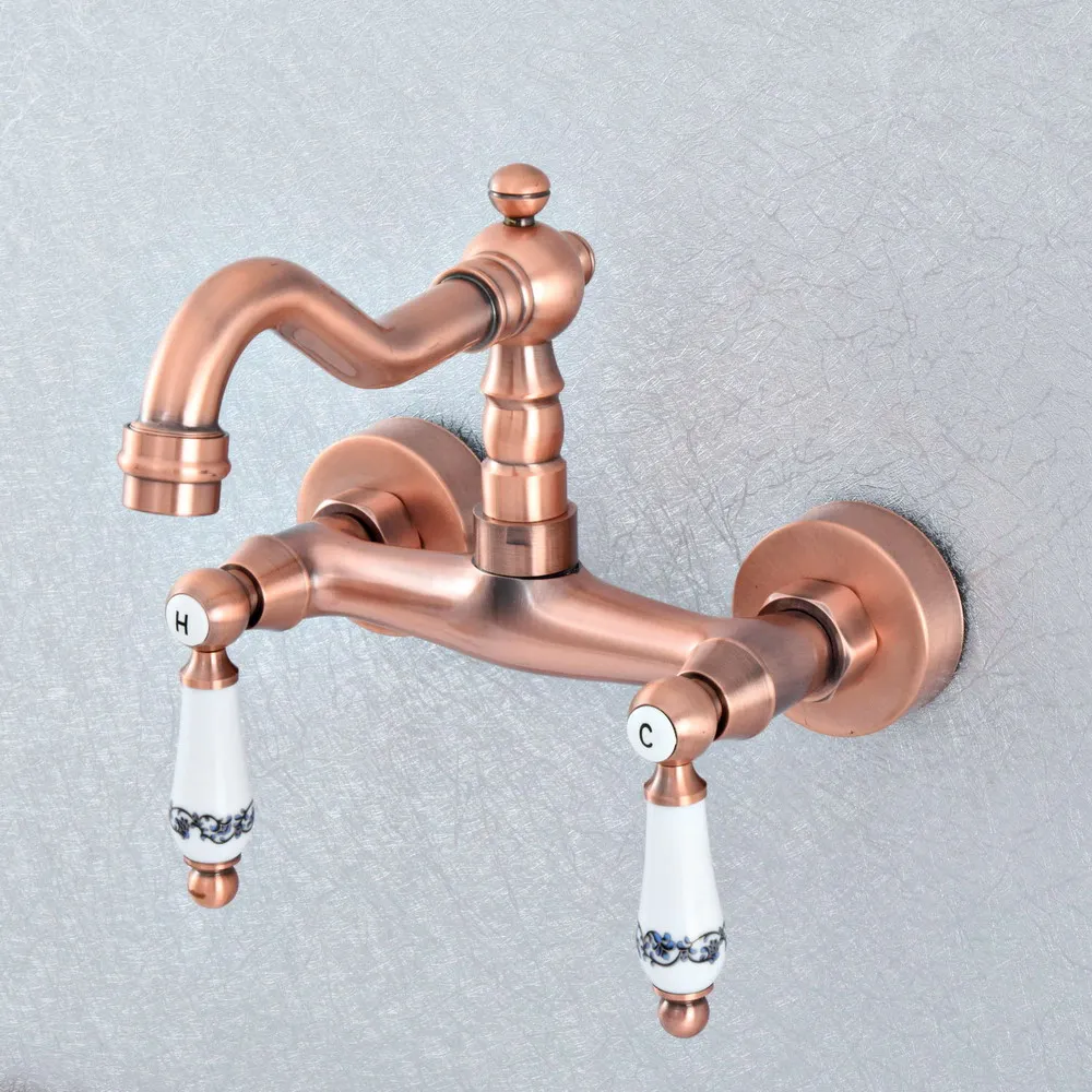 Antique Red Copper Dual Ceramic Lever Wall Mounted Swivel Spout  Bathroom Vessel Sink Faucets tsf907