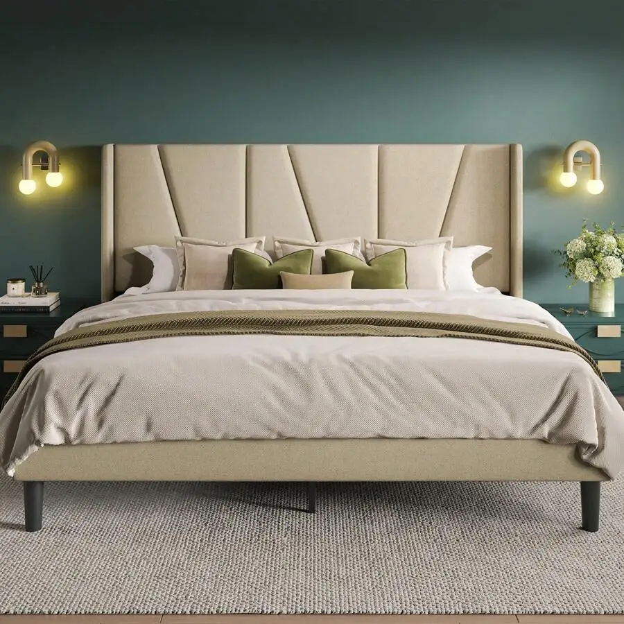 Modern Full/Queen/King Size Upholstered Platform Bed Frame With Geometric Wingback Headboard, Stylish Design With Wooden Slats Support, No Box Spring Needed, Easy Assembly, Beige