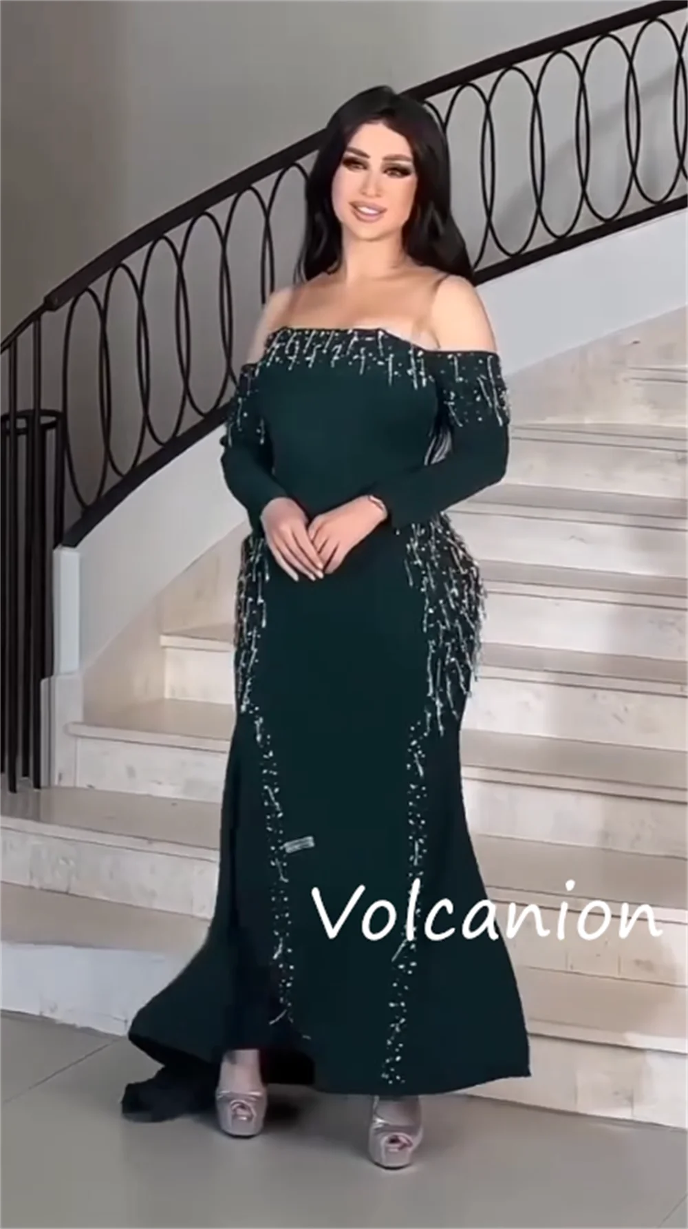 Customized Fashion Jersey Sequined Trumpet Sheer Straps Midi Dresses Bespoke Occasion Modern Style Elegant