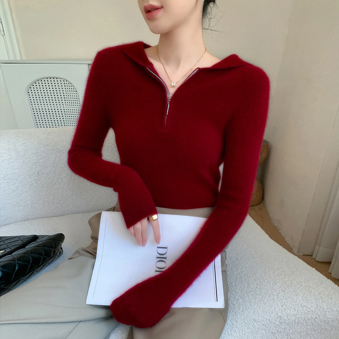 بلوفر نسائي 100% من الكشمير الخالص بنصف سحاب مفتوح سترة محبوكة بلون سادة غير رسمية بقصة ضيقة وياقة بقلنسوة سترة دافئة