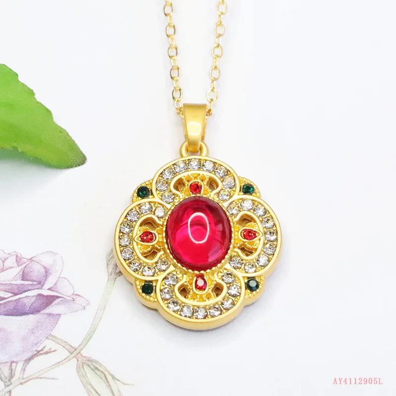 

Cultivate Ruby Pendant Red Corundum Flower Necklace Antique Jewelry