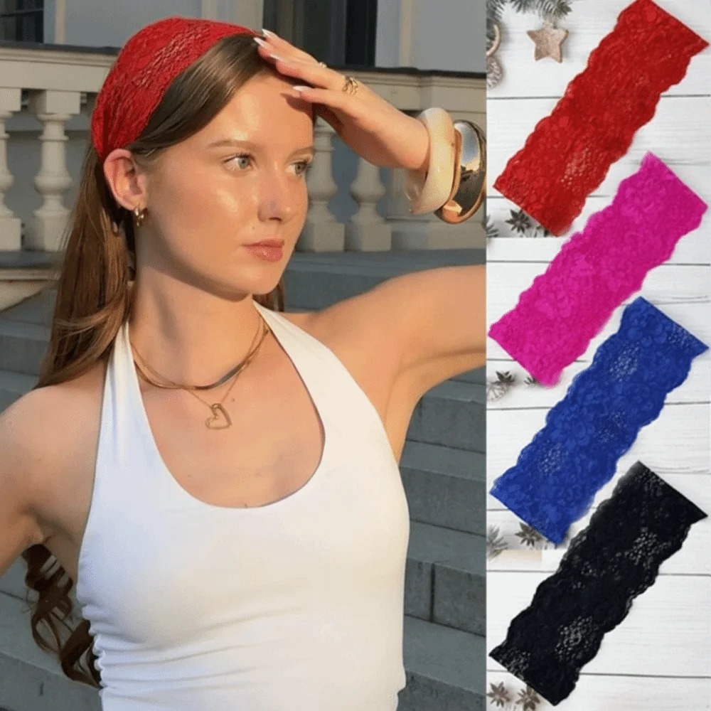 Fashion Adjustable Hollow Lace Headband Floral Flower Elastic Hair Band Supporter Gear Solid Color Wide Headband For Women
