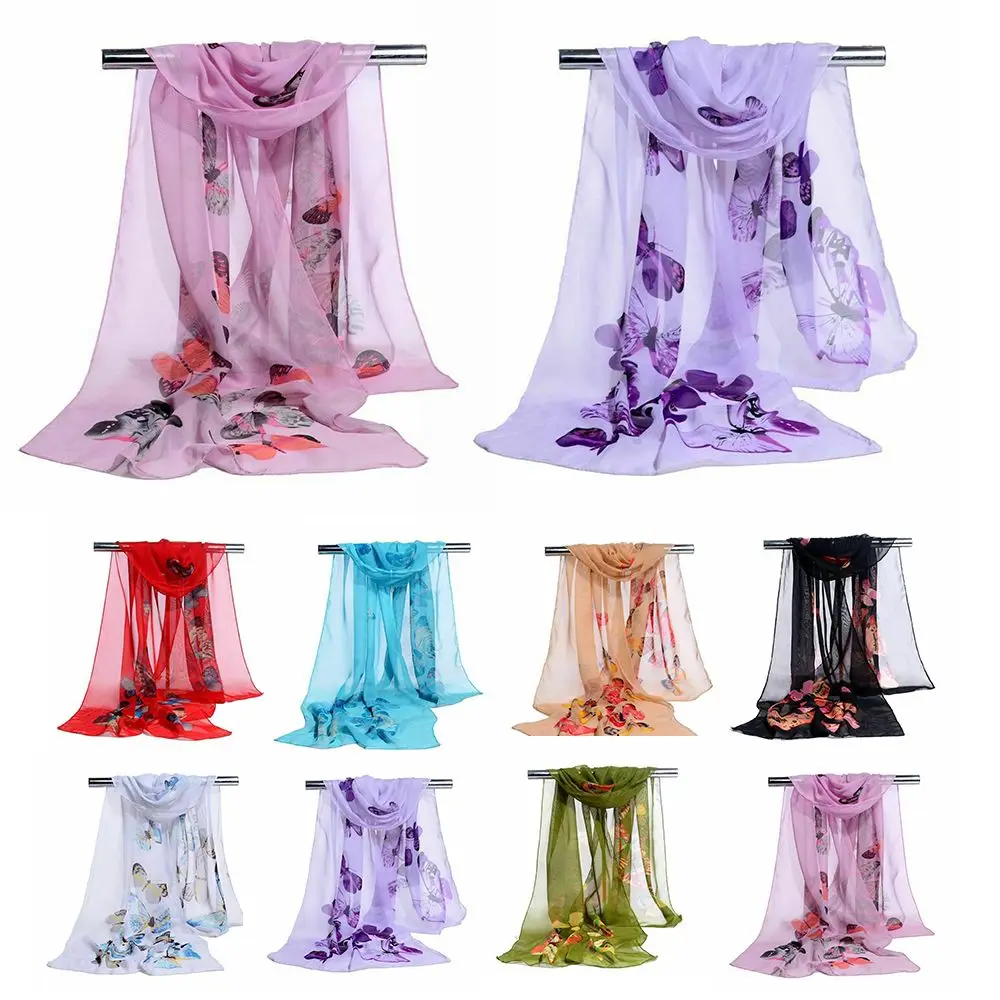 8 Colors Lady Fashion Long Chiffon Scarf Flower Print Shawl Silk Butterfly