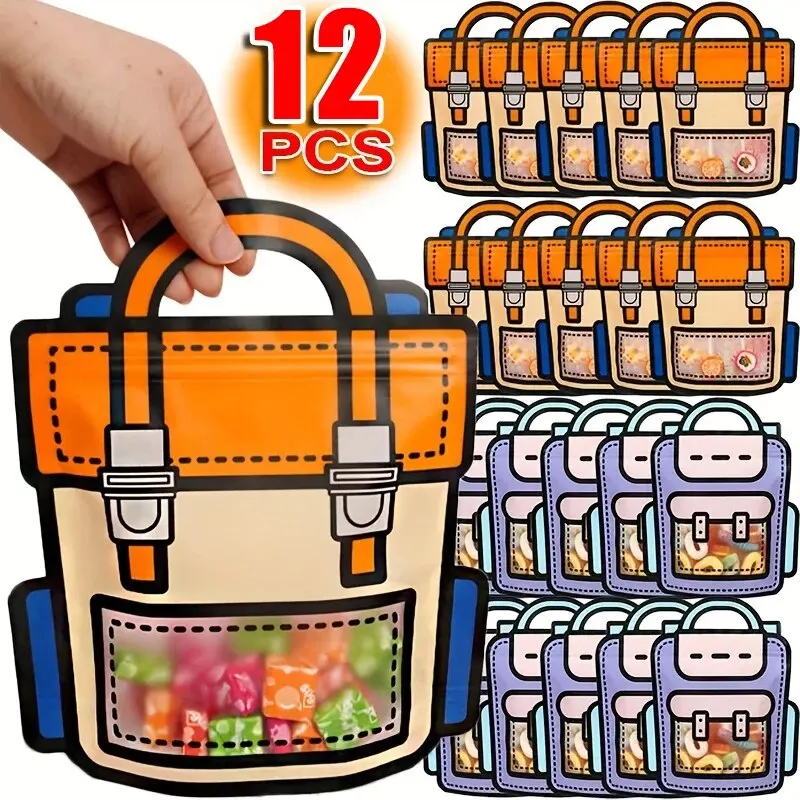 12Pcs Creative Gifts Packaging Bags Cartoon School Bag Shape Candy Snack Self-lock Bags For Kids Birthday Party Decors Gifts