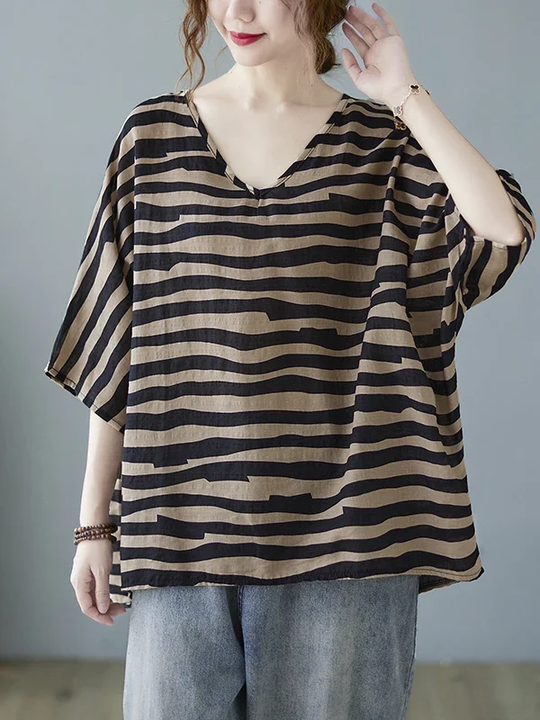 New plus Size Women's Cotton Linen T-irt Summer Wear Belly Covering Slimming Versatile Artistic Sle Comfortable Fit V-Ne Tee