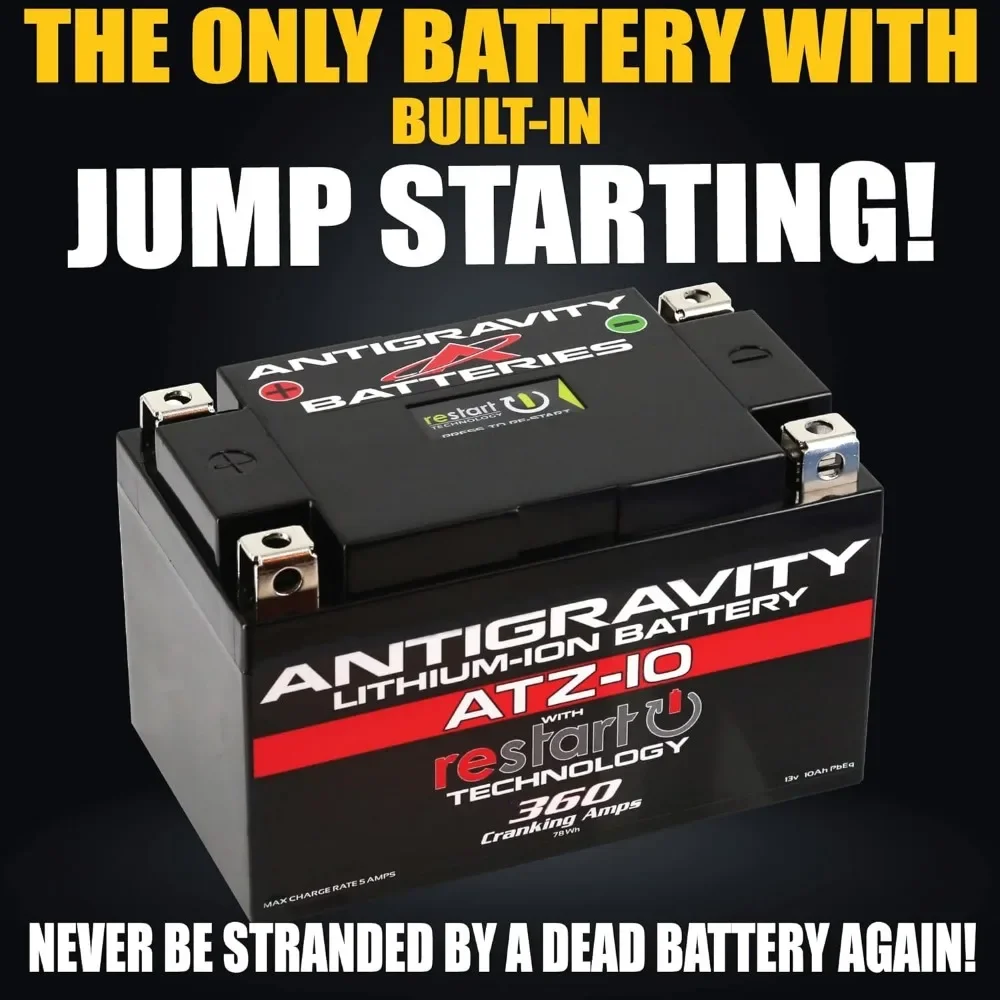 ATZ-10 Performance Lithium Motorcycle Powersport Battery with Built-In Jump Starting. 6.1Ah