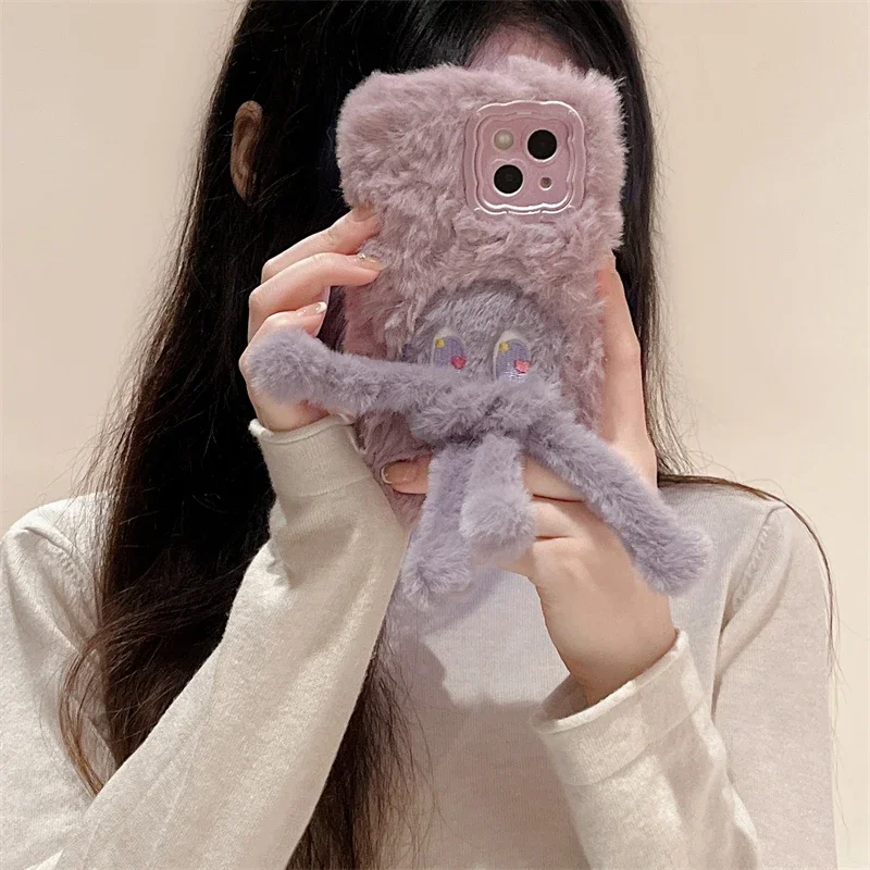 Cartoon Plush Fur Phone Case For iPhone 16 15 14 13 Pro Max 14 Plus 15 Plus Lovely octopus Animal Soft Warm Stand Phone Cover