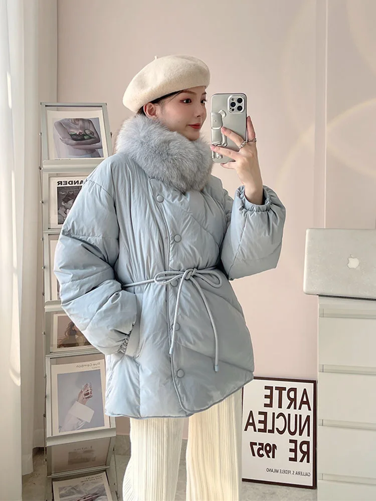 Women\'s Down Jacket Female Winter 2022 Down Coat Women Clothing Warm Down Jackets Real Fox Fur Collar Coats Eleagnt Belted