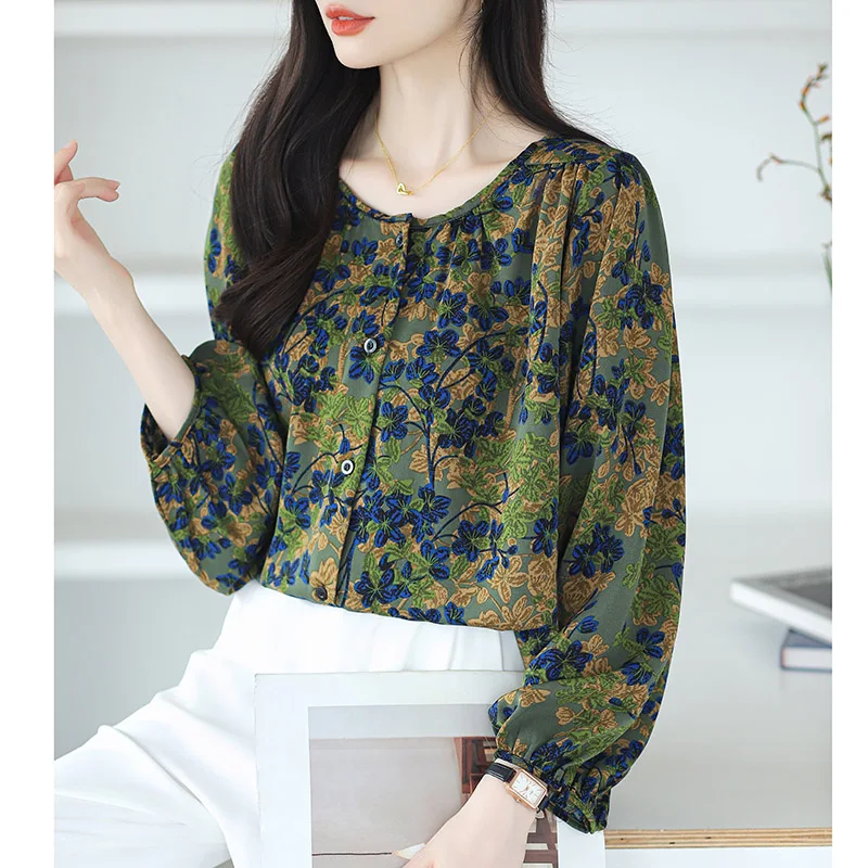 Autumn Vintage O-neck Long Sleeve Chiffon Shirt Women Clothing Casual Loose Oversized Print Blouses Office Lady Elegant Chic Top