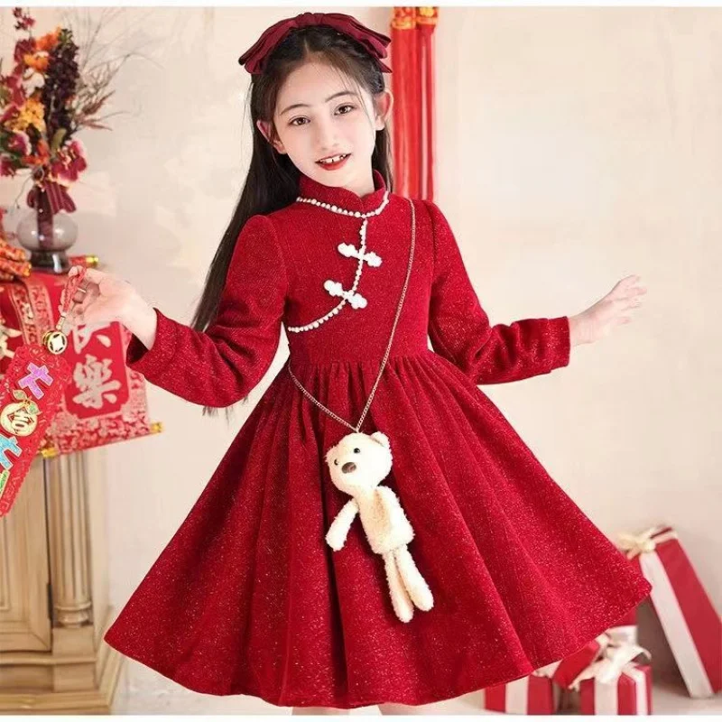 

Girls' New Year Dress Winter Fleece-lined Middle and Big Children's New Chinese Cheongsam Dress Girls' Fashionable Retro Red Dre