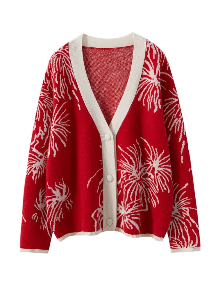 

Новый шикарный рождественский свитер, осень-зима, женский толстый жаккардовый кардиган из 100% кашемира, повседневное свободное пальто, романтическая одежда, топ