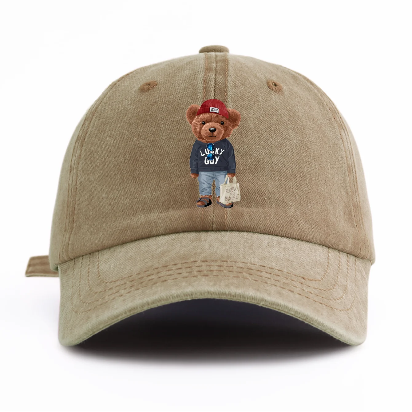 1pc Tote-bag Bear Print Washed Baseball Cap for Adults,  Minimalist Retro Style Casual Soft Adjustable Dad Hat, Perfect As Gift