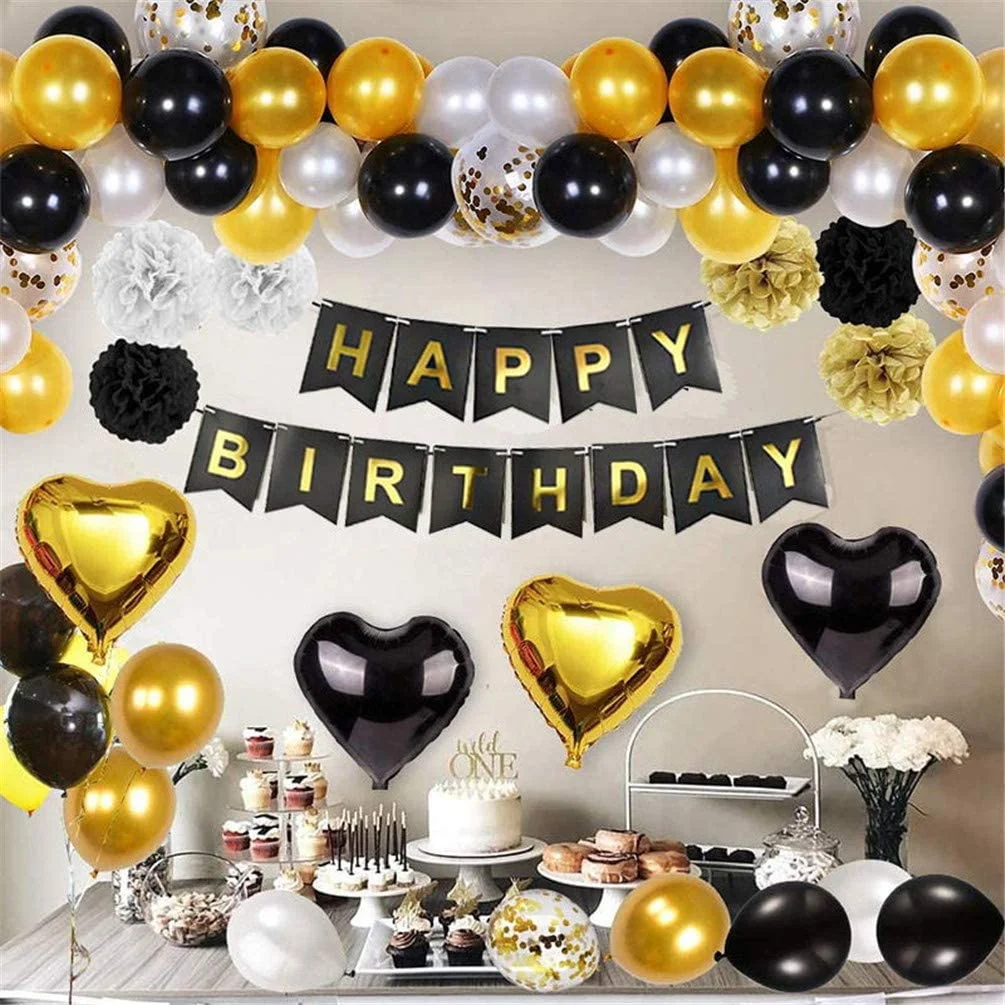Schwarze und goldene Partydekorationen, Konfetti-Luftballons mit Banner, Stern-Herz-Folienballons, Papier-Pompons zum Geburtstag
