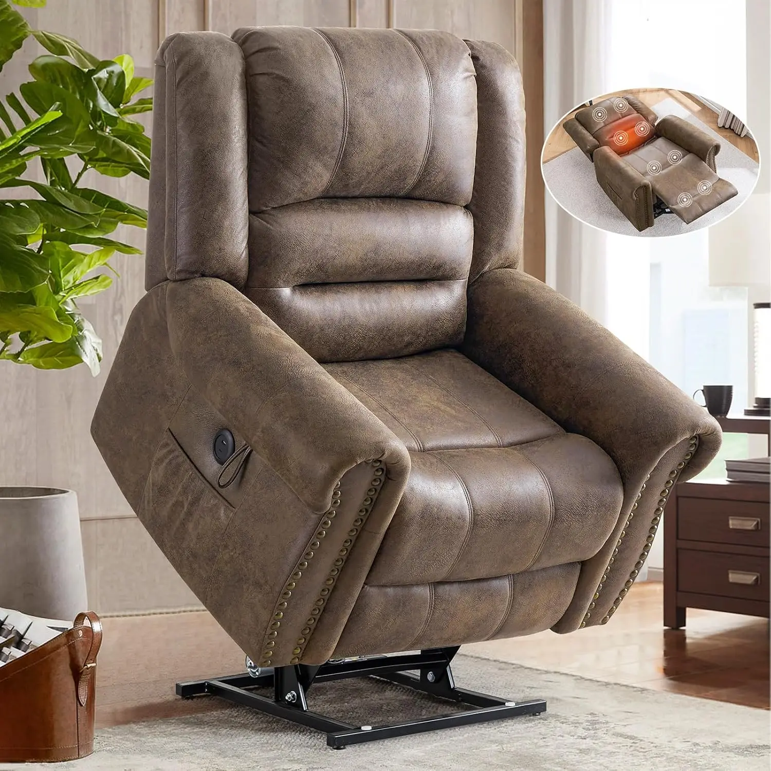 Dual Motor Lay Flat Power Lift Recliner Chair for Elderly, Breathable Leather Large Infinite Position Electric Chairs