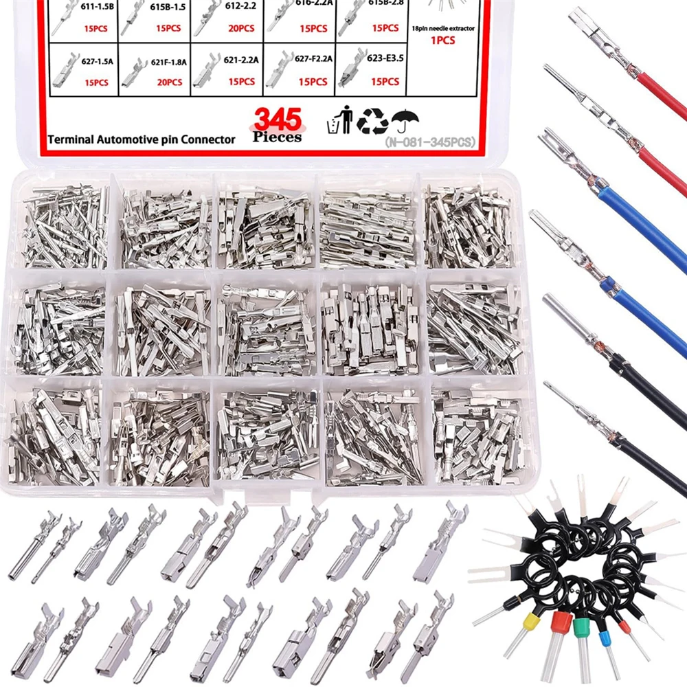 

345PCS Car Electrical Wire Terminal Pins Connector, 1/1.5/1.8/2.2/2.8/3.5mm Electrical Wire Pins, 21Type Male Female Crimp Pin