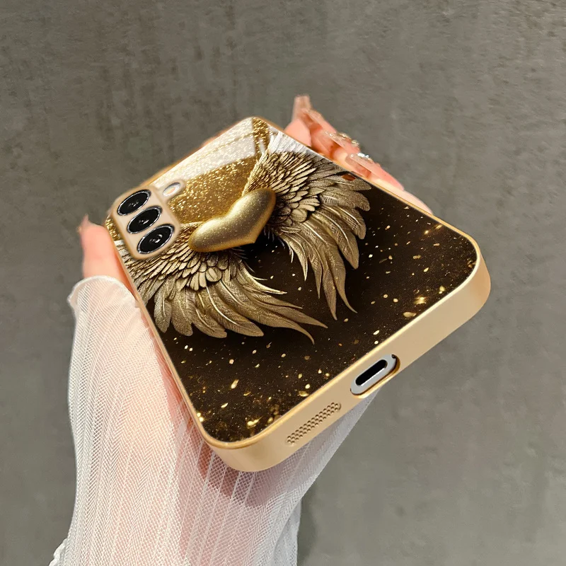 Double wing golden heart-shaped pattern glass phone case suitable for Samsung Galaxy S26 S25 S24 S22 S21 S20 FE/Ultra/Plus view 5