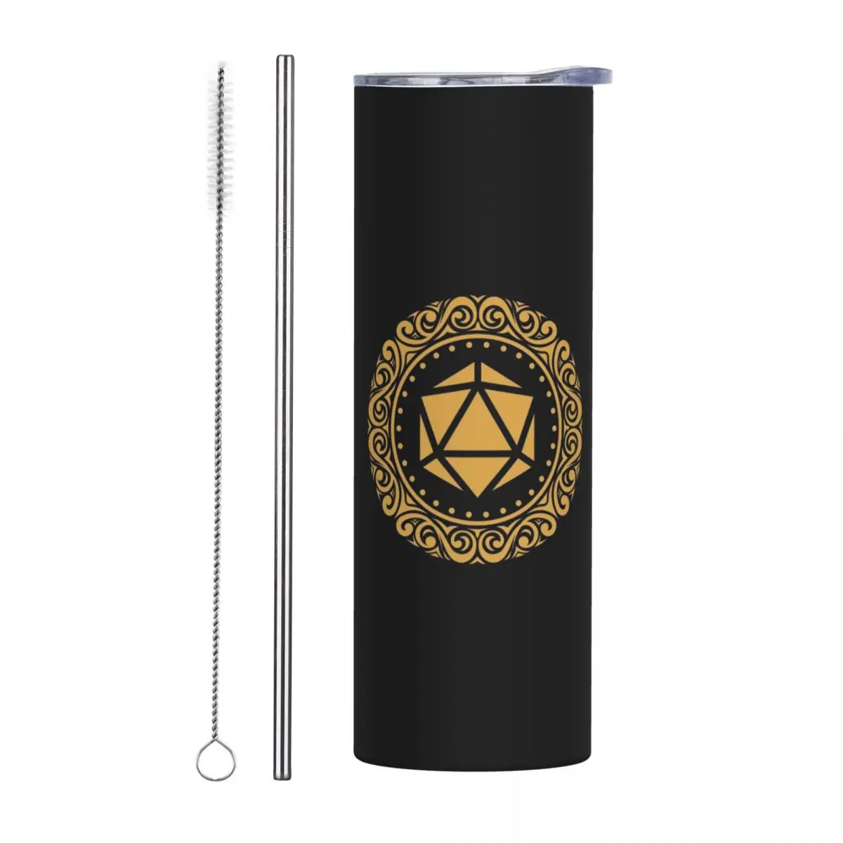 Monogram Polyhedral D20 Dice Emblem Gold Tabletop RPG Gaming Stainless Steel Tumbler Mug Thermal Cold Bottle Straw With Lid 20oz