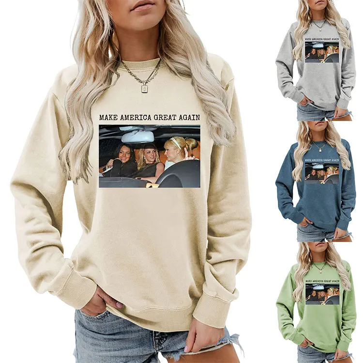 Camiseta de manga larga para mujer, Sudadera con capucha, estampado de "MAKE AMERICA GREAT AGAIN", top holgado de cuello redondo, moda informal, Otoño, nuevo