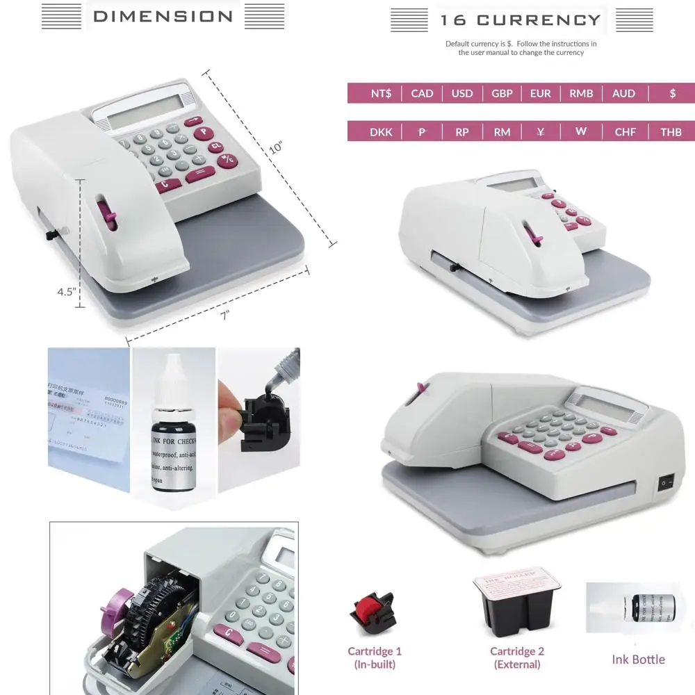 

Red Ink 12-Digit Display Check Writer with Tamper-Resistant Printing, Supports 16 Currencies, Includes 1 Extra Cartridge and Ink