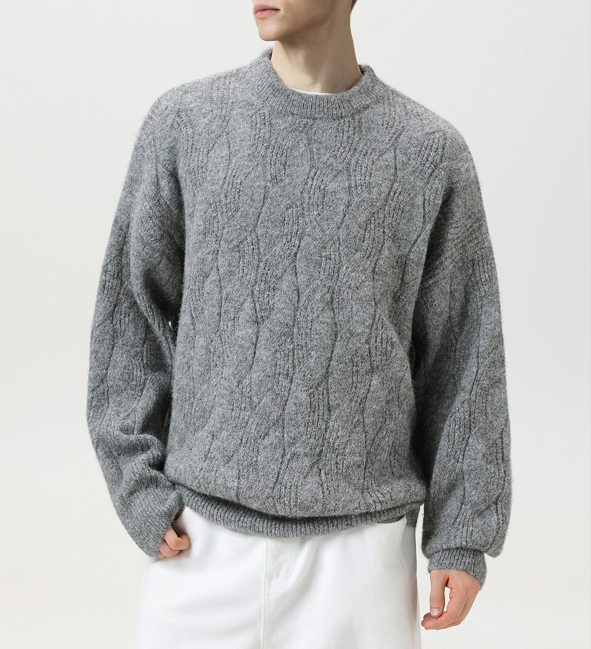 Men's Semi-high Neck Textured Twisted Crew Neck Sweater 2026 Autumn/winter Lazy Vintage Solid Color Pullover Knit Sweater