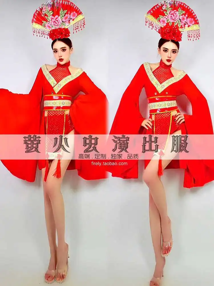 اليراع بار جوجو أداء زي أحمر كبير الأكمام ملهى ليلي DS النمط الصيني الاتجاه الوطني جديد منتصف الخريف مجموعة للنساء #2