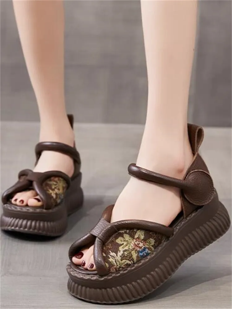 ZXRYXGS High-end Top Cowhide Embroidery Sandals Fashion Shoes 2025 New Summer Open Toe Women Wedges Sandals Increased Shoes