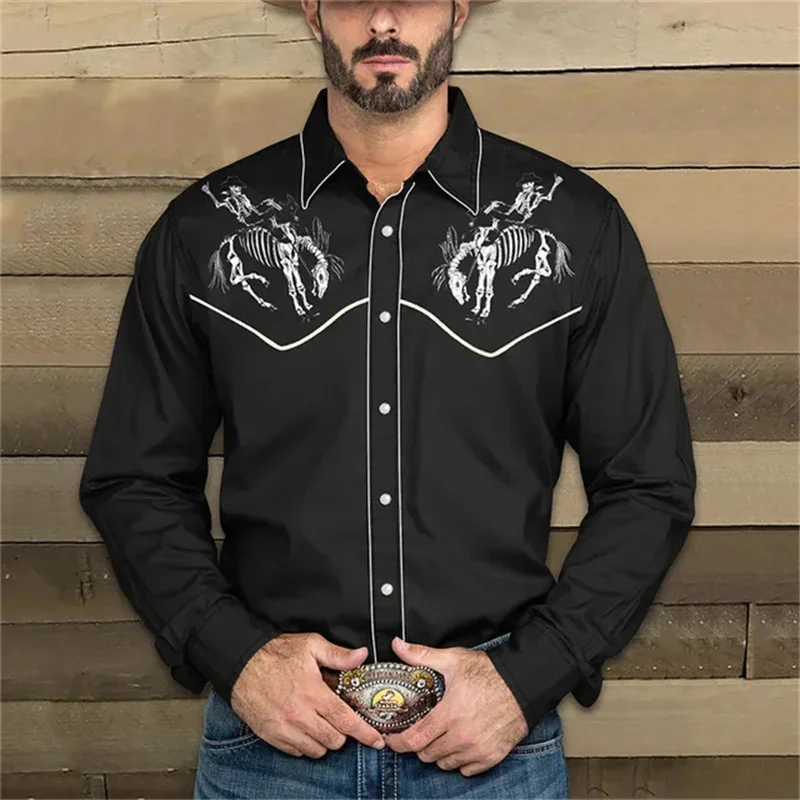 2024 Men's Western Cowboy Long Sleeve Shirt Tribal Ethnic Style Outdoor Party Casual Shirt Comfortable Large Size XS-6XL